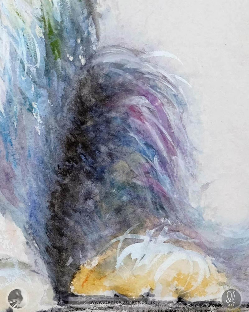 Artistic detail of a bearded collie watercolour painting, showing the  brush strokes and textures in the fluffy fur.
