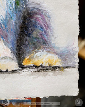 Detailed view of the paws of a bearded collie dog in this watercolour painting, showcasing the deckle edges of the handmade paper.