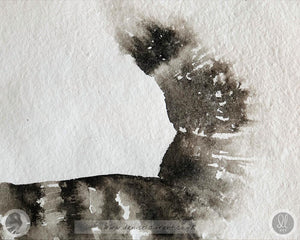 Close up detail of the tail of the long haired tabby cat in this watercolour painting showing the texture of the handmade paper and the way the paint has spread softly through the paper.