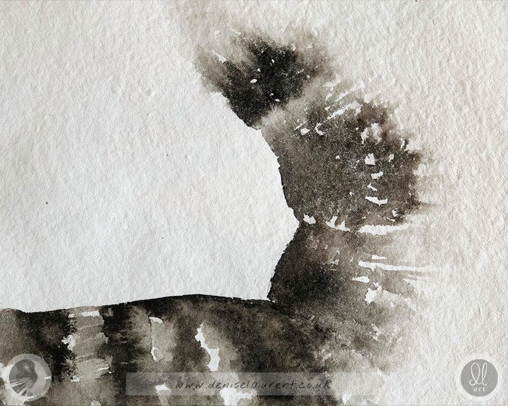 Close up detail of the tail of the long haired tabby cat in this watercolour painting showing the texture of the handmade paper and the way the paint has spread softly through the paper.