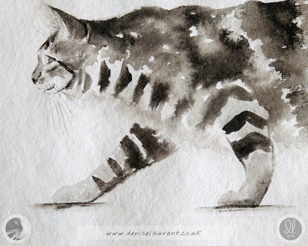 Close up detail of a watercolour painting showing the face of the tabby cat and the texture of the handmade paper.