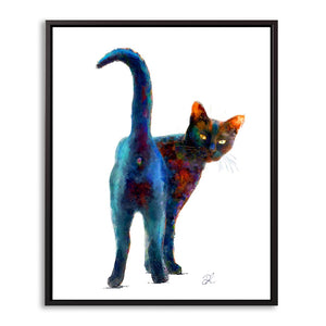 Cheeky black cat wall art - a black cat with a colourful abstract design, framed for stylish home decor.