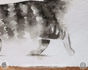 Close up detail of this watercolour painting showing paws of the tabby cat and the texture of the handmade paper.
