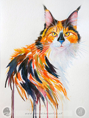 original calico cat art - she is a maine coon cat painted in watercolour on Fabriano paper