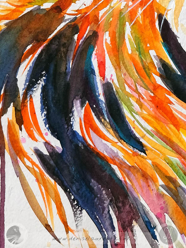 close up detail of a calico cat watercolor painting showing the strokes of the brush across the textured paper.