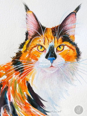 close up an original calico cat watercolour painting showing her yellow eyes