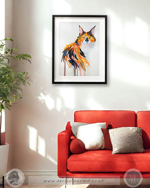 a maine coon calico cat wall art framed and hanging in a sunny room in a modern home enhancing the decor.