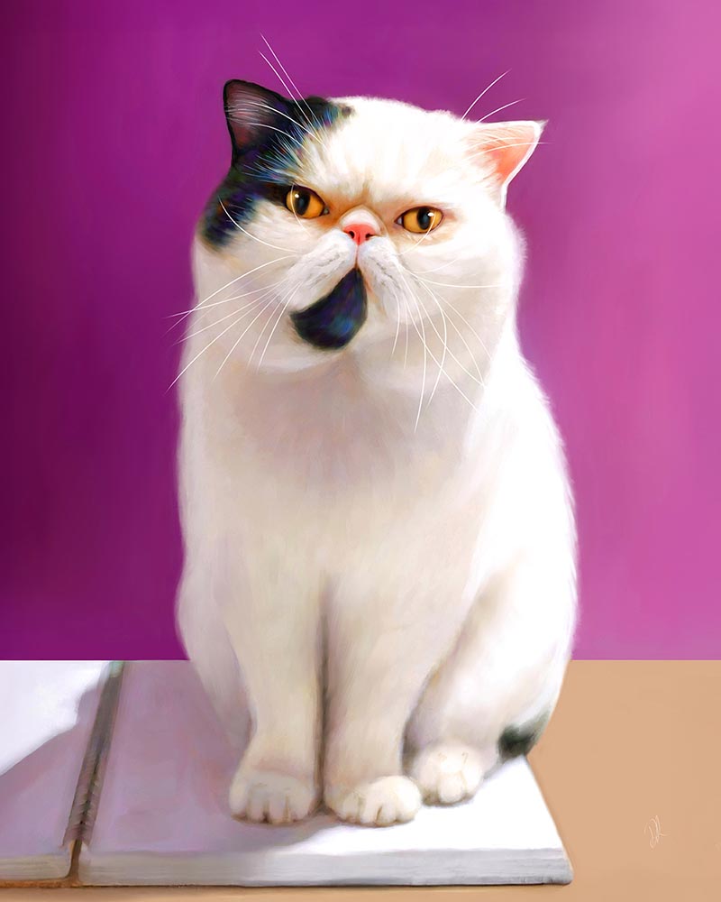 A digital painting of a white exotic cat with a black patch on its head, and big golden eyes, sitting on a book on a desk against a purple background.