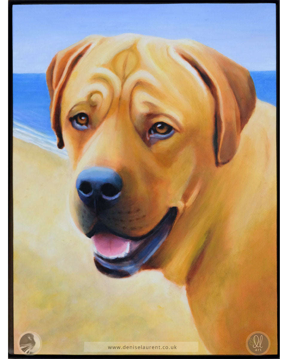 a portrait painting of a dog with the sea and the beach behind him