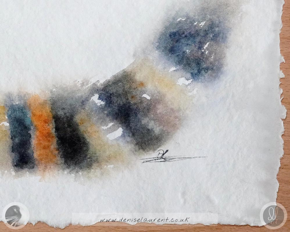 Artistic interpretation of a tabby cat's tail in watercolour, featuring a blend of fun colours and textures.