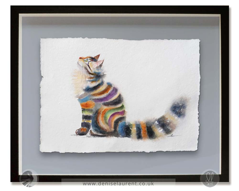 Framed tabby cat watercolour painting displaying a curious cat with striking stripes, ideal for home decor.