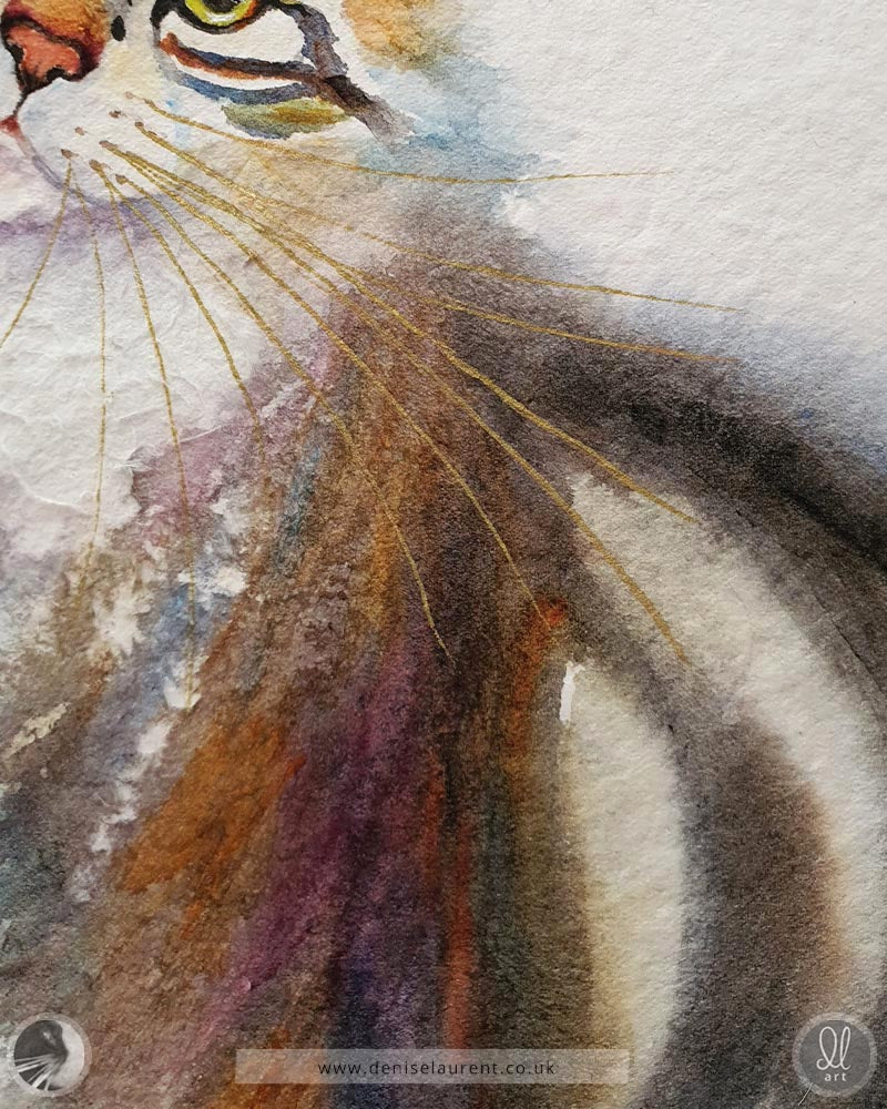 close up of a tabby cat watercolour painting showing her gold whiskers and the texture of the paper.