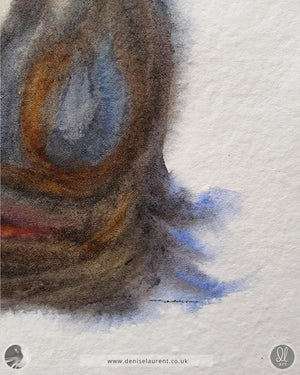 a close up of a tabby cat painting showing the soft expressive colour and the texture of the handmade paper.