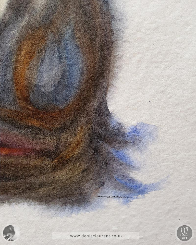 a close up of a tabby cat painting showing the soft expressive colour and the texture of the handmade paper.