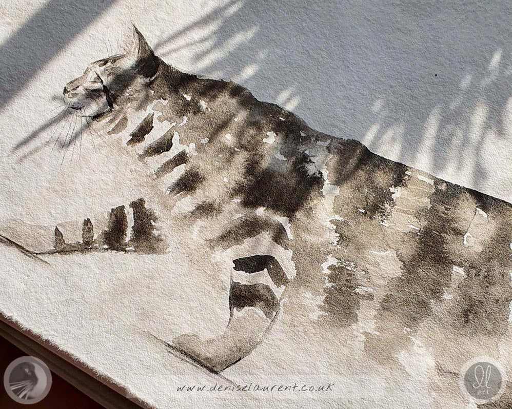 a close up of a tabby maine coon cat watercolour painting with shadows from a sunny window