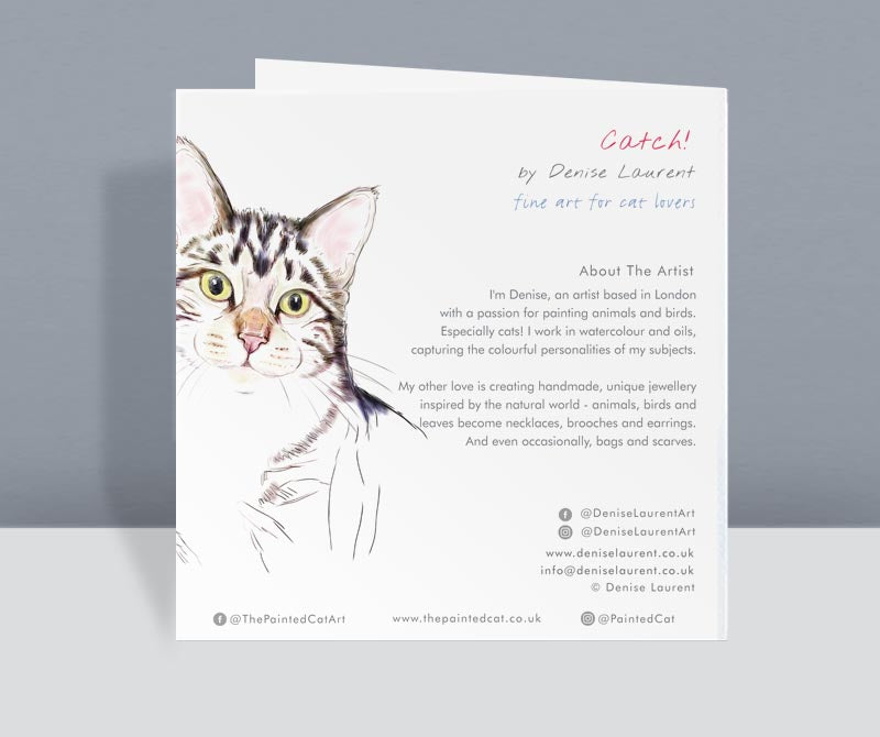 a black cat card. This cute black cat is catching a feather toy. He has big eyes and an excited expression. Created from an original watercolour.