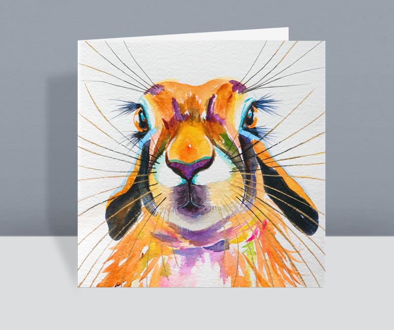 a hare greetings card, she his big eyes and lots of whiskers, a cute card from a watercolour painting
