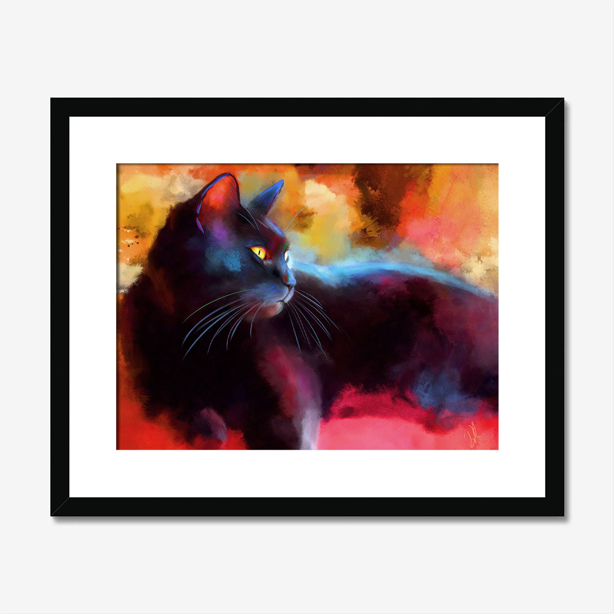 Framed 'Day Dreamer - Black Cat Fine Art Print' showcasing a radiant black cat, an exquisite choice for black cat lovers.