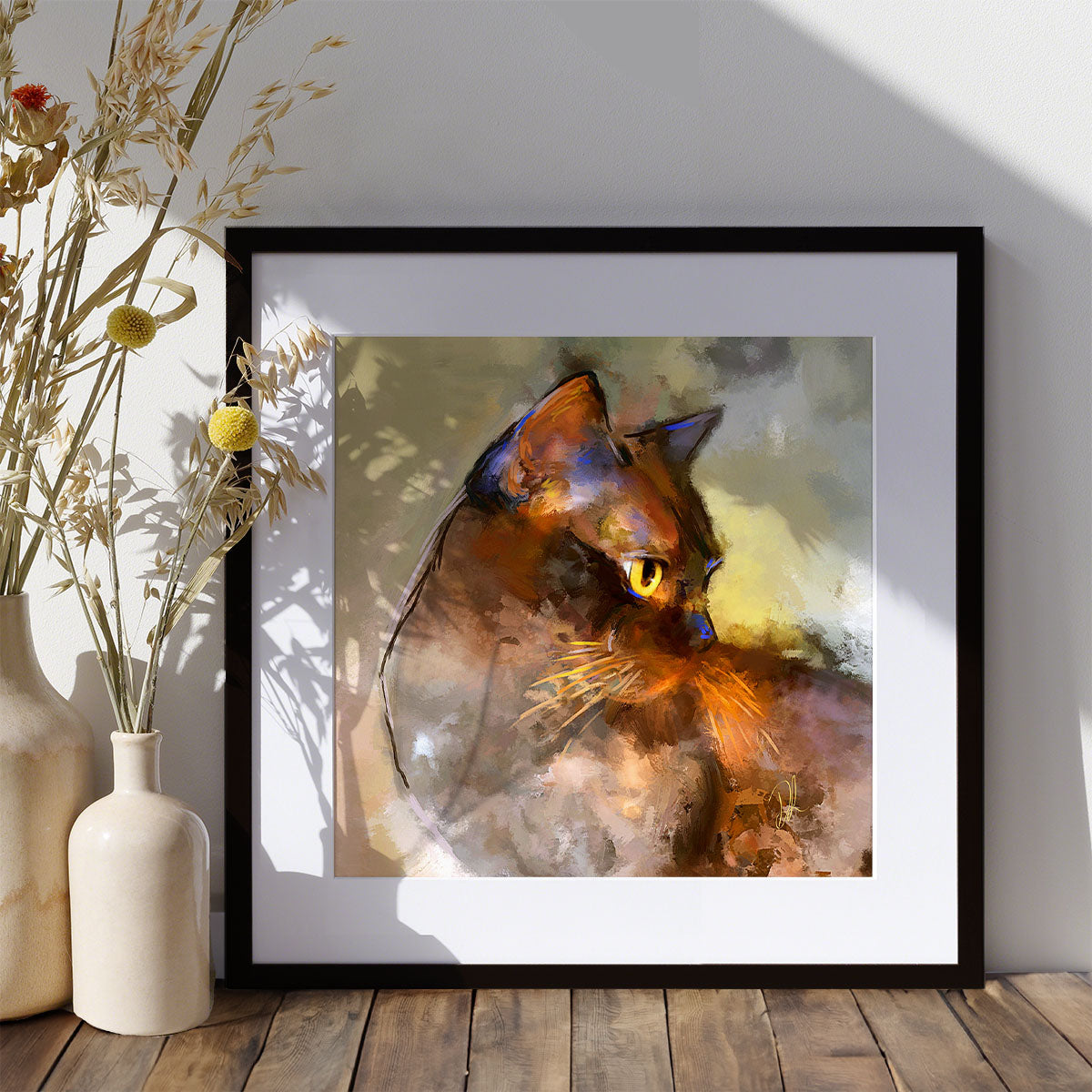 A Burmese cat artwork, full of character and feline elegance. It captures Elli's poise and charm in rich, warm tones. She is a brown cat with striking yellow eyes, a strong expression and a warm green background with a hint of orange in her whiskers.