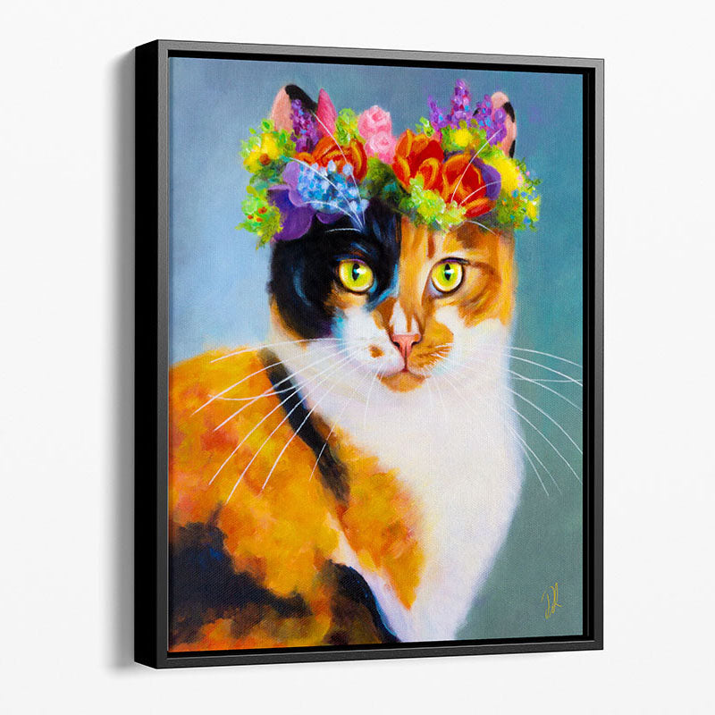 Flower Cat - Framed Canvas Print featuring a beautiful calico cat with a floral tiara, perfect as calico cat wall art for any home décor.