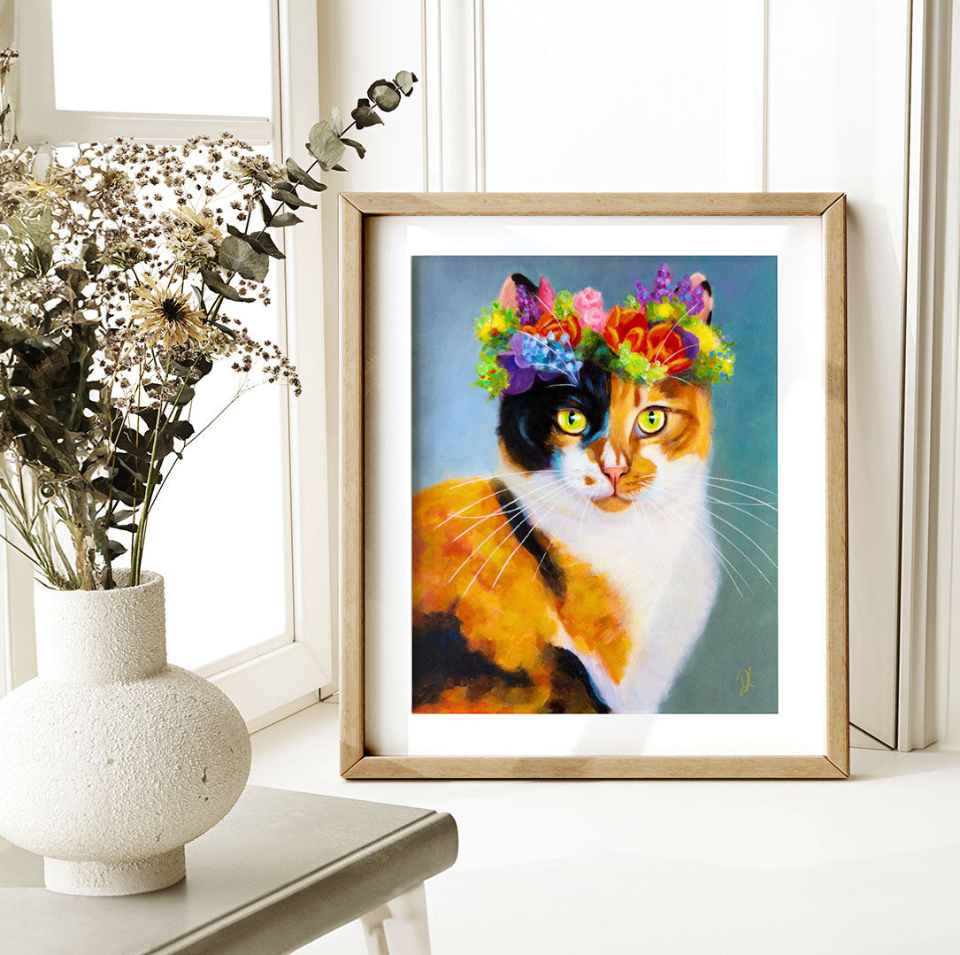 Flower Cat  - Calico Cat Art Print