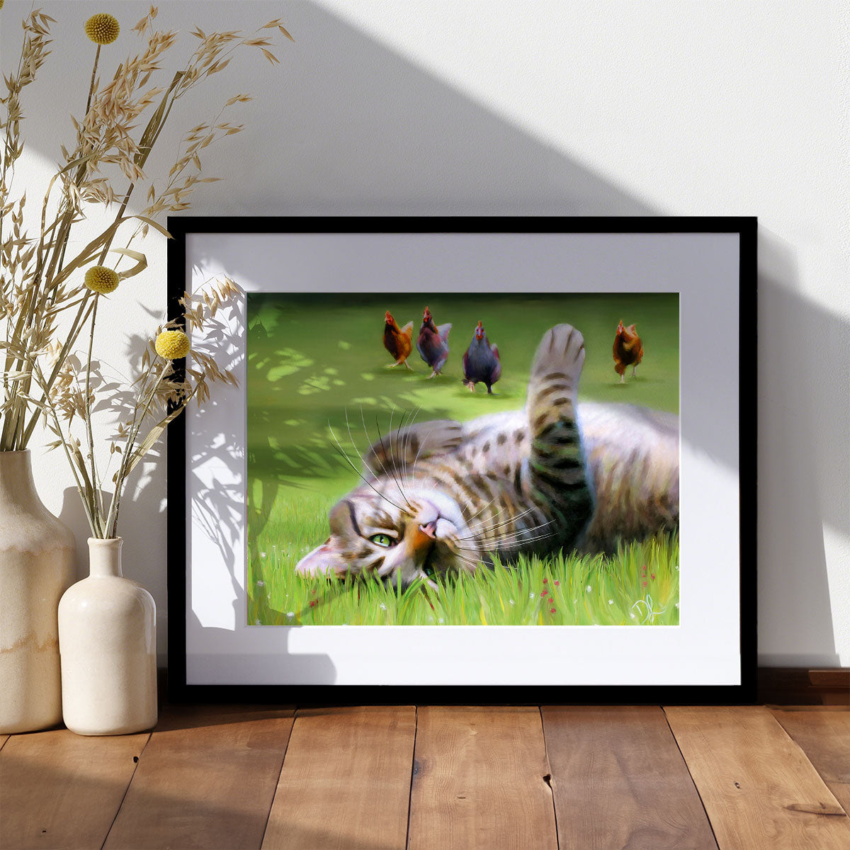 tabby cat art print - cat lying in the grass and chickens come running