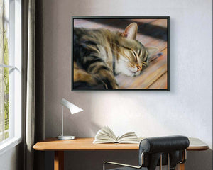 Hot Spot - Framed Canvas Print of a tabby cat in a cozy living room setting, capturing the essence of comfort and relaxation.