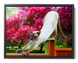 A framed canvas print of a siamese cat stretching surrounded by pink flowers