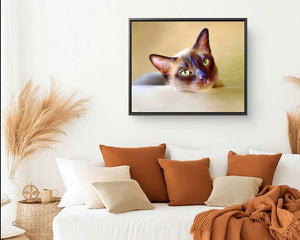 Brown cat framed canvas in a stylish living room, featuring a Burmese cat that adds a contemporary touch to the decor.