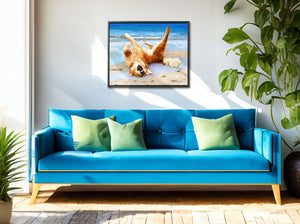 Golden Retriever Wall Art. The framed canvas shows a happy Golden Retriever dog rolling in the sand. The canvas print is hanging in a sunny beach house.