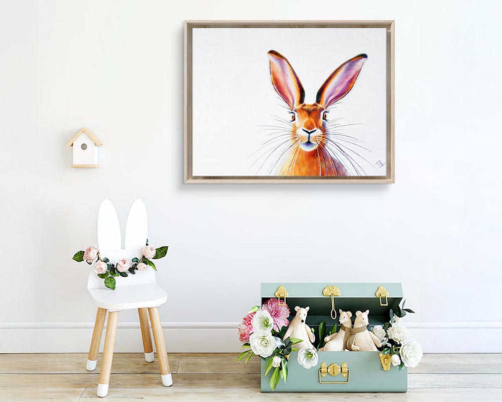 Peek A Boo! - a whimsical hare framed canvas in a room setting with decorative elements and a touch of floral charm.