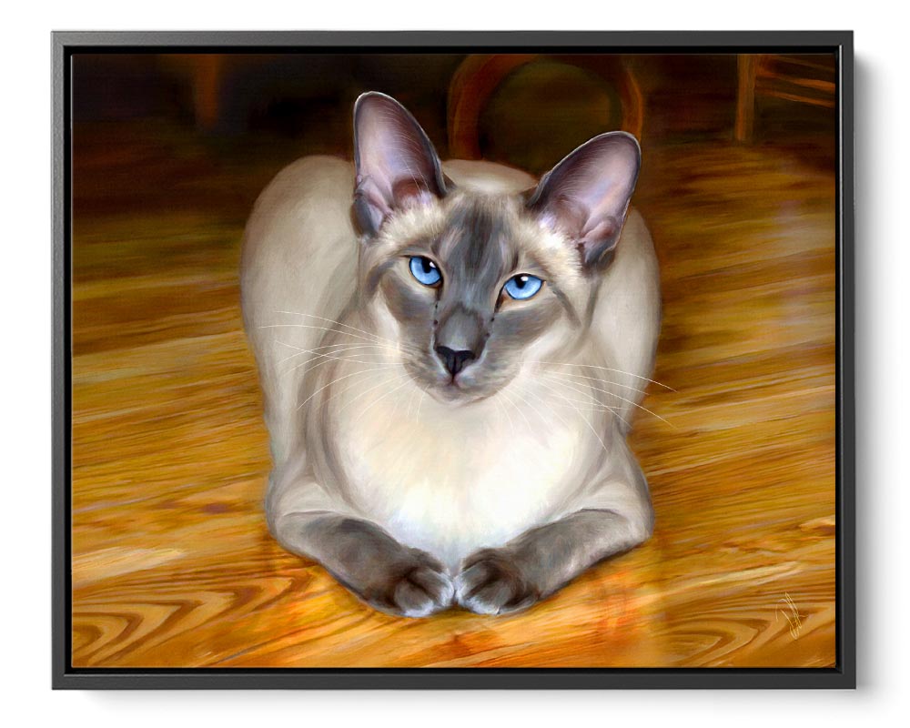 Sitting Pretty - Framed Canvas Print with a Siamese cat with blue eyes, sitting on a warm wooden floor, perfect for adding charm to your living space.