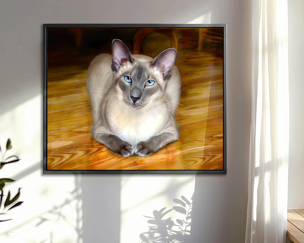 Sitting Pretty - Framed Siamese Cat Canvas Print displayed in a sunny room. Elegant siamese wall art.