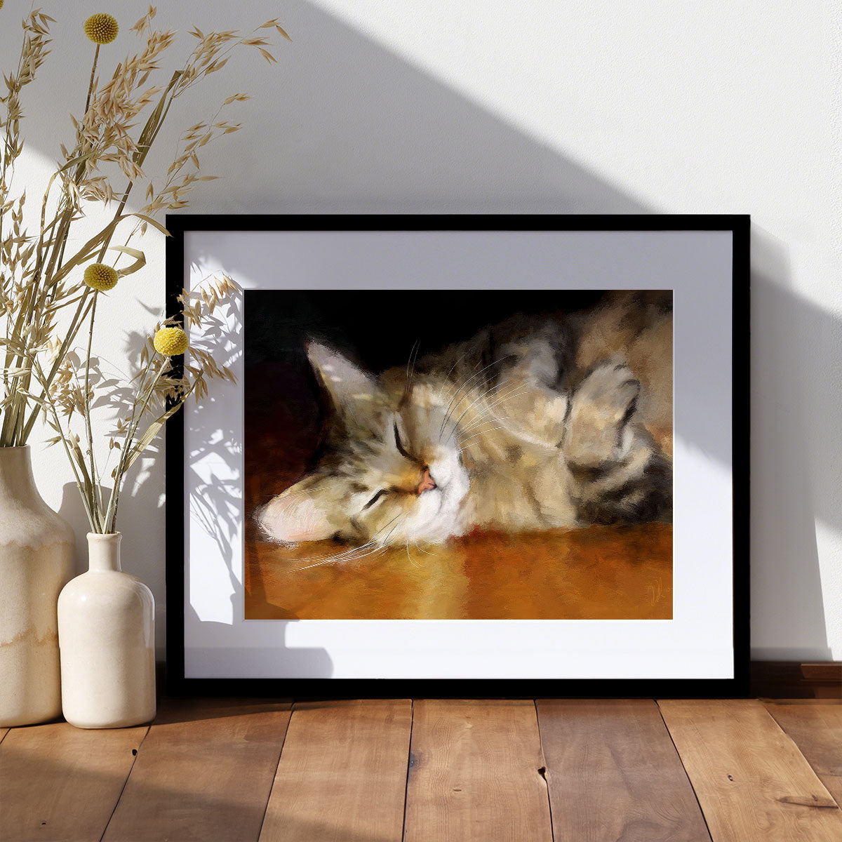 art prints of a tabby cat snoozing on a polished wooden floor