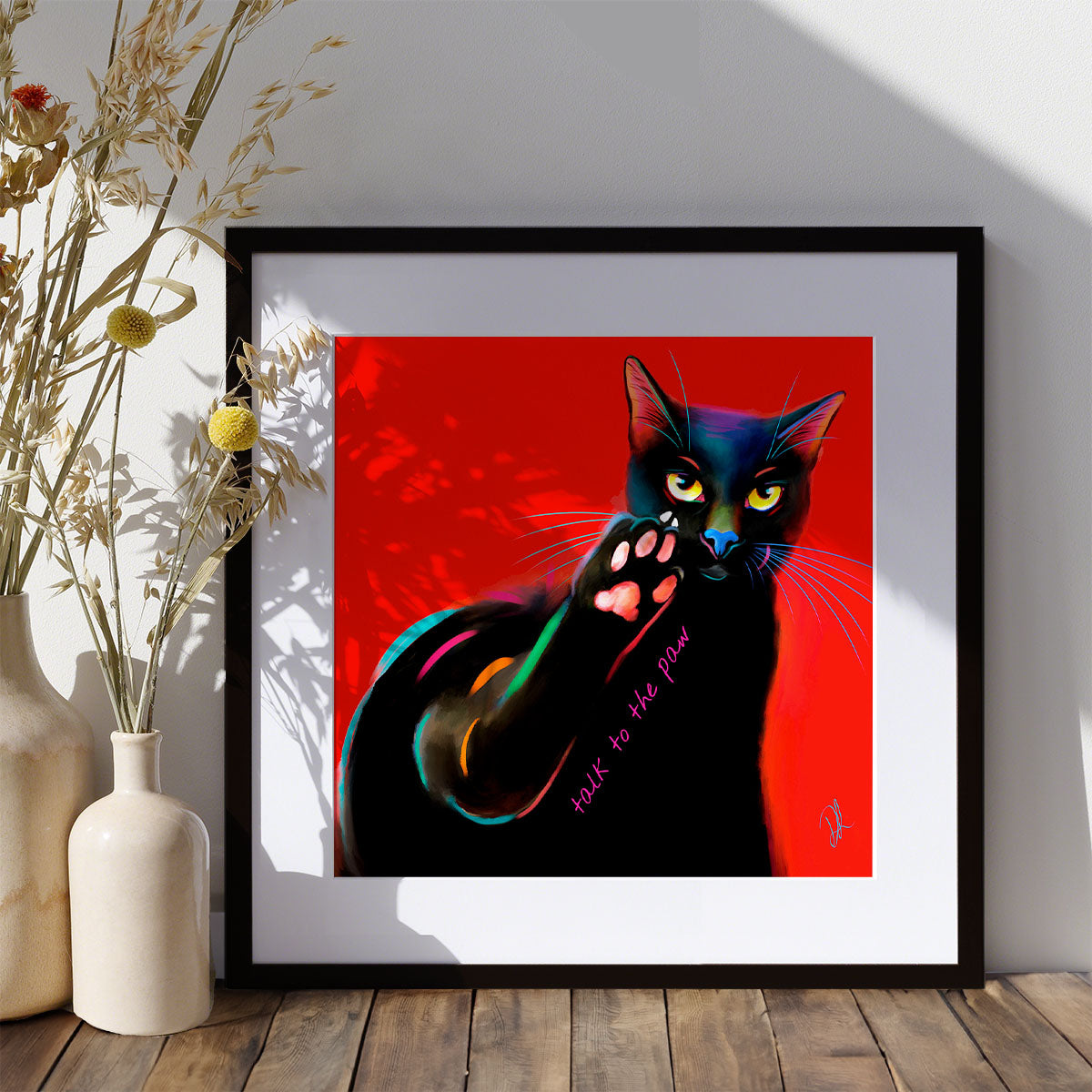 art print of a black cat with catitude on a red background