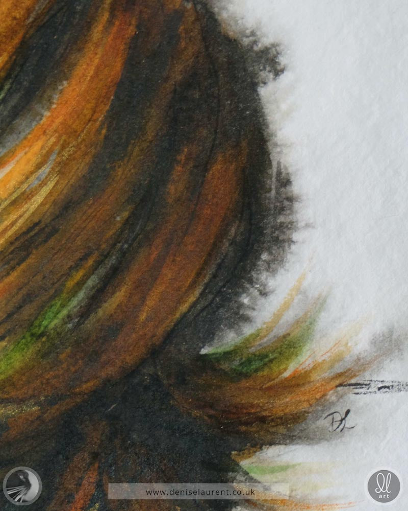 close up of an original watercolour of a tortie cat showing the strokes of colour on the handmade paper.