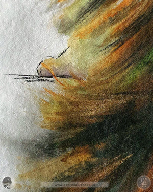 close up of a hand painted watercolour of a tortie cat showing a detail of the strokes of paint around her paw.