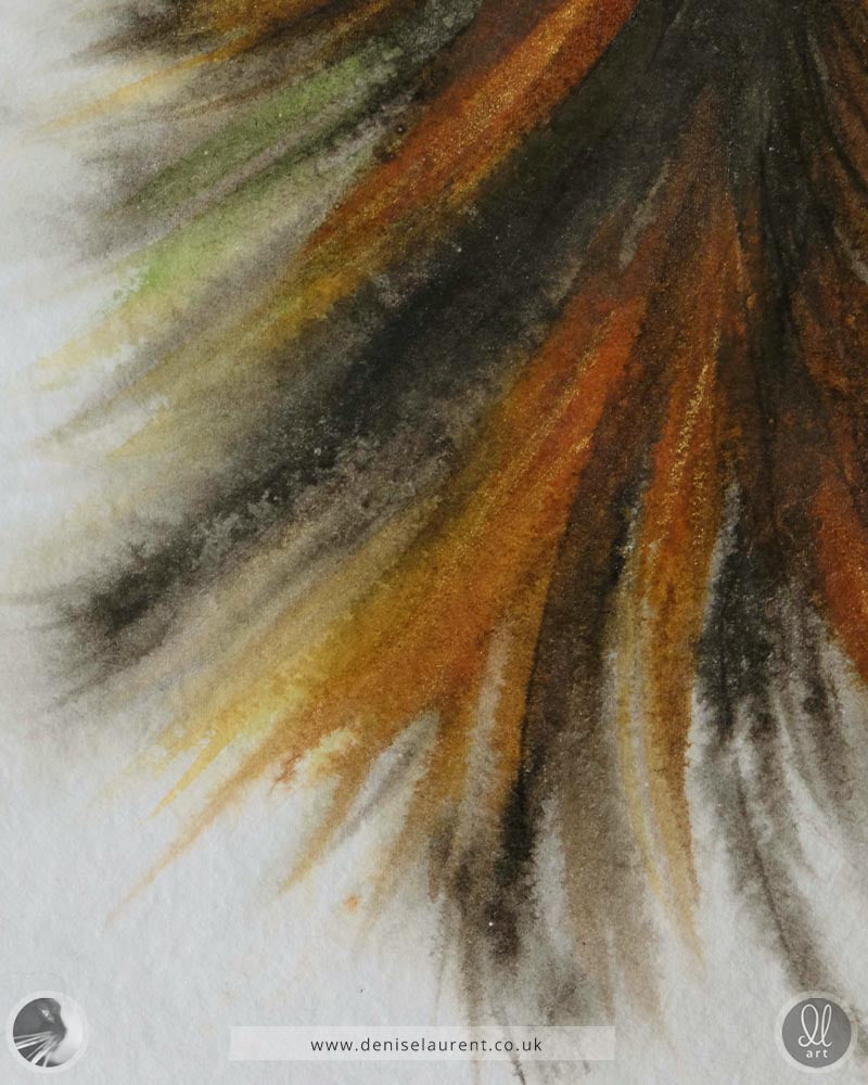 close up of an original watercolour of a tortie cat showing the strokes of colour on the handmade paper with touches of gold.