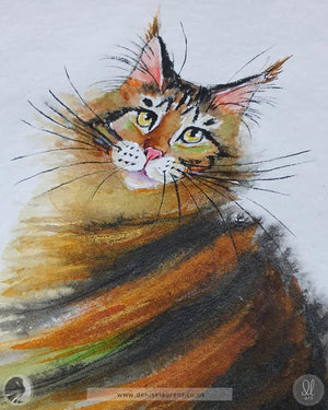 close up of a hand painted watercolour of a tortie cat
