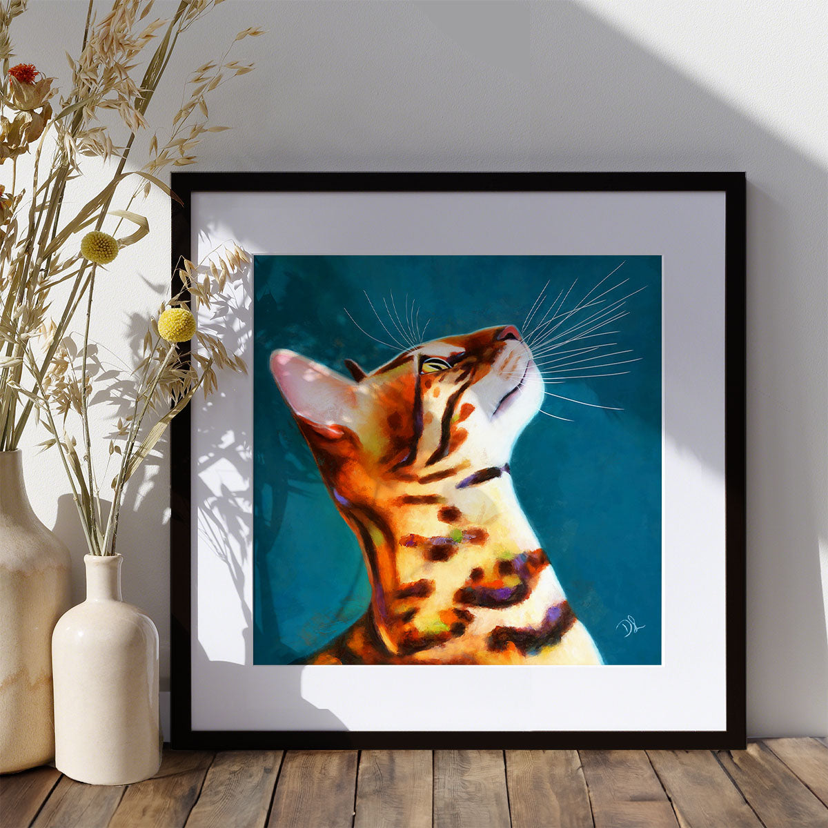 fine art print of a bengal cat in profile on a teal background