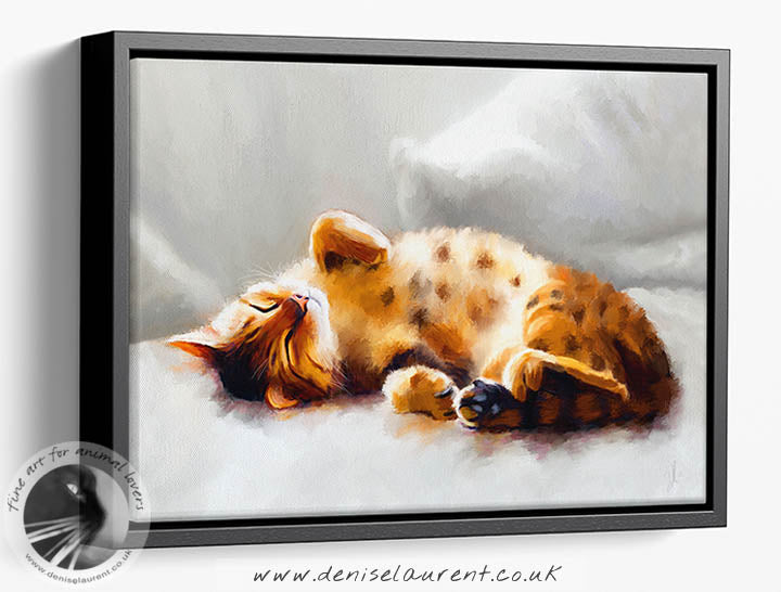 All Curled Up - Bengal Cat Art Framed Canvas Print, featuring a Bengal cat sleeping, capturing the serene essence of cat art for charming interiors.