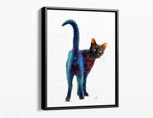 Cheeky black cat framed canvas print - a black cat with a colourful abstract design for stylish and fun home decor. The canvas is framed in a black wood frame.