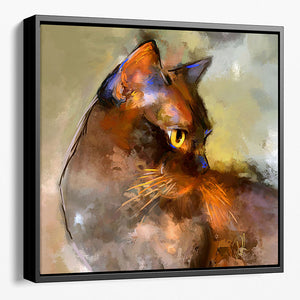 a semi-abstract framed canvas print of a brown Burmese cat. Handcrafted with a solid wood floater frame. This side view shows the deep wood frame.