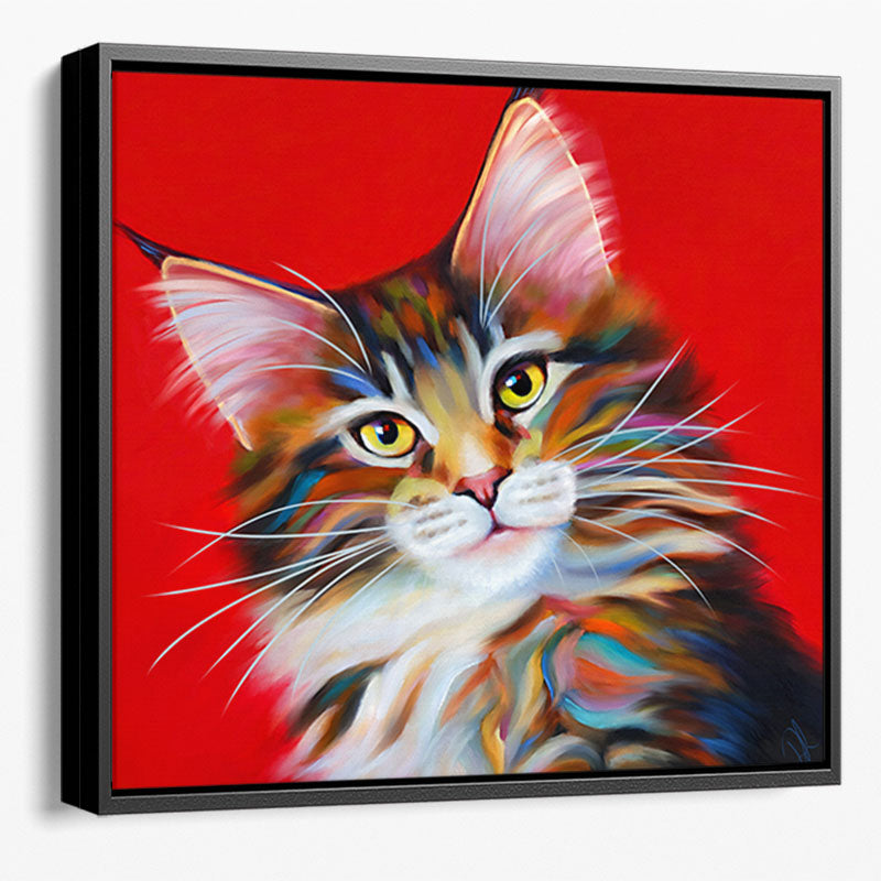 Vibrant framed canvas print featuring a colourful Maine Coon cat, perfect for cat lovers looking for unique Maine Coon cat wall art.