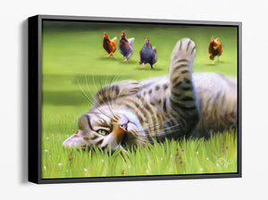 Here Come The Girls - A Framed Canvas Print of a tabby cat rolling in the grass and playful chickens running towards him.
