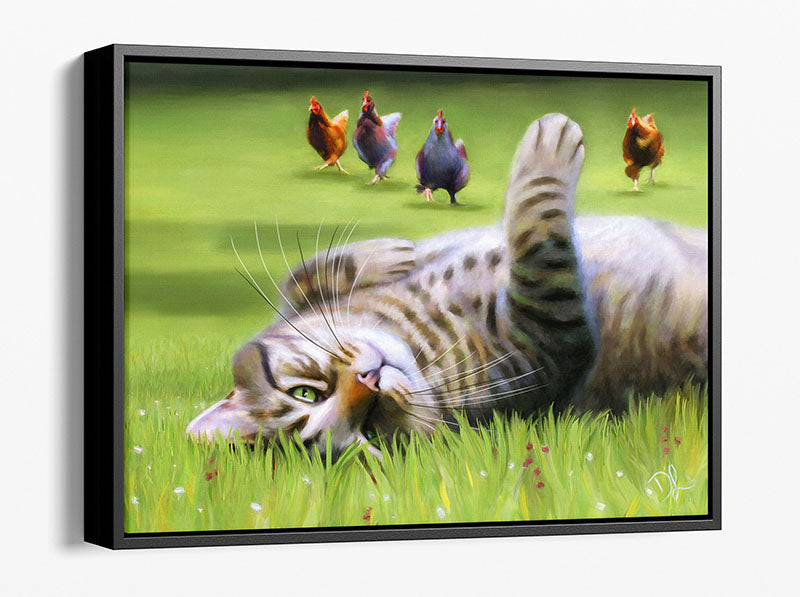 Here Come The Girls - A Framed Canvas Print of a tabby cat rolling in the grass and playful chickens running towards him.