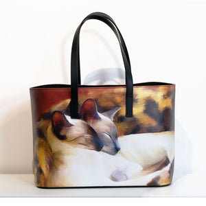 Sleeping Siamese Leather Tote Bag