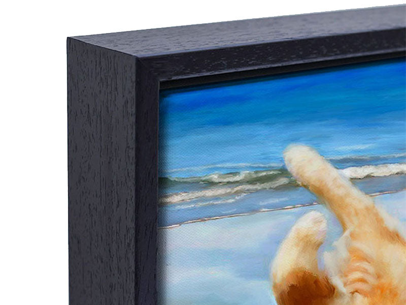 A close up of the deep wood frame for this Framed Canvas Print.