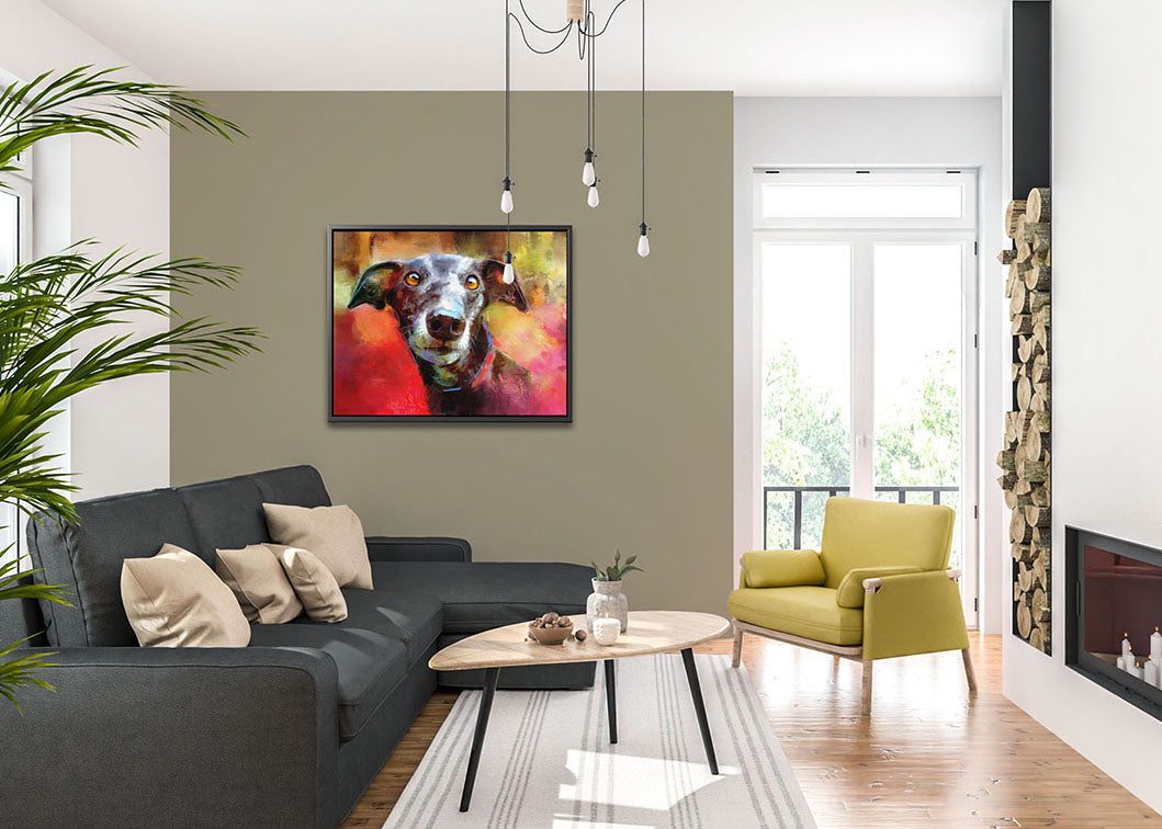 Black dog wall art - Milly Many Coats - showcased in a stylish interior, featuring a greyhound dog on a colourful red background,  adds charm to any décor.