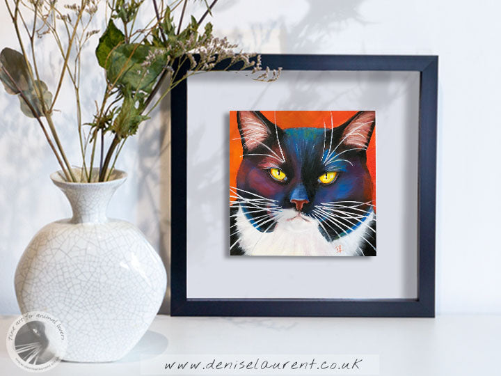 Tuxedo Cat 6x6" Framed Oil Painting
